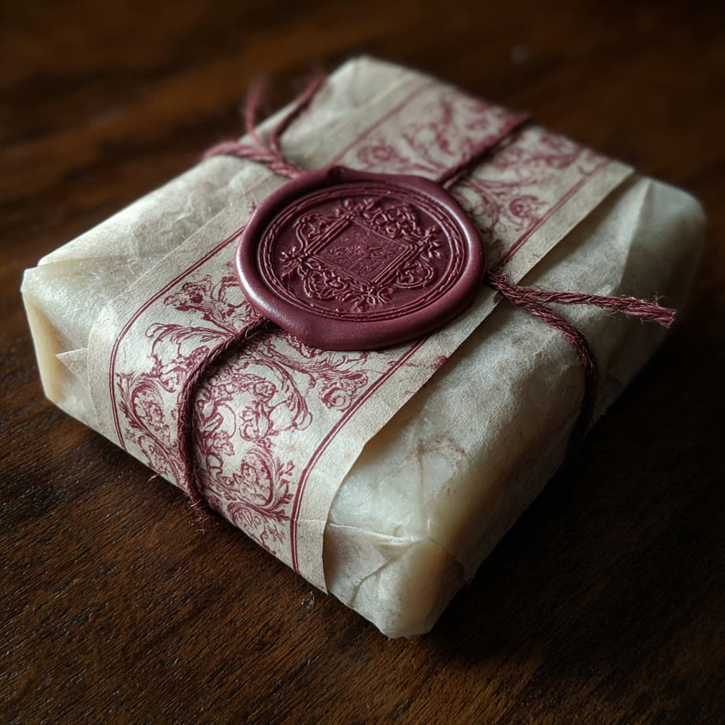 A bar of House Vellum soap wrapped in vellum paper and sealed in oxblood wax